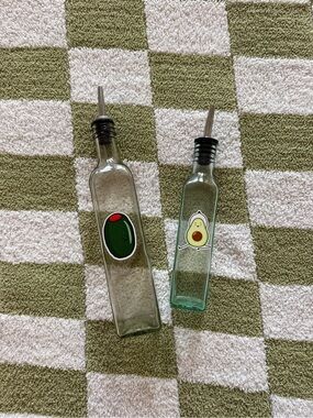 Glass Oil Pourer Bottles with Olive & Avocado Decals - Clear Green
